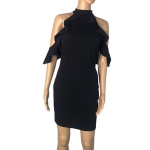 Gibiu Black Halter Bodycon Cold Shoulder Ruffle Zip Back Dress USA Womens Medium